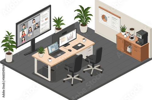 Modern office setup with video conference, dual monitors, and coffee station for productive teamwork.