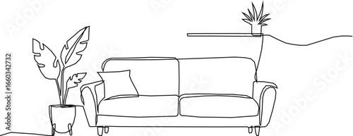 Contemporary furniture in Scandinavian style one continuous line drawing. Sofa, floor lamp and potted plant for living room or hotel. Doodle vector illustration.