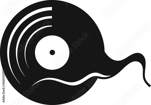 Abstract black silhouette of a vinyl record with a wavy tail isolated on white background