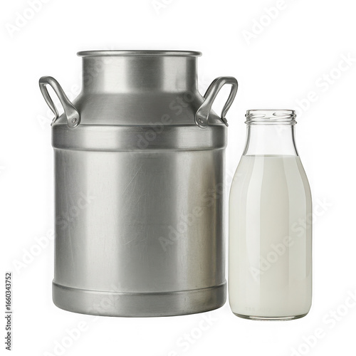 A vintage metal milk can and a glass bottle filled with fresh white milk, isolated on a transparent background