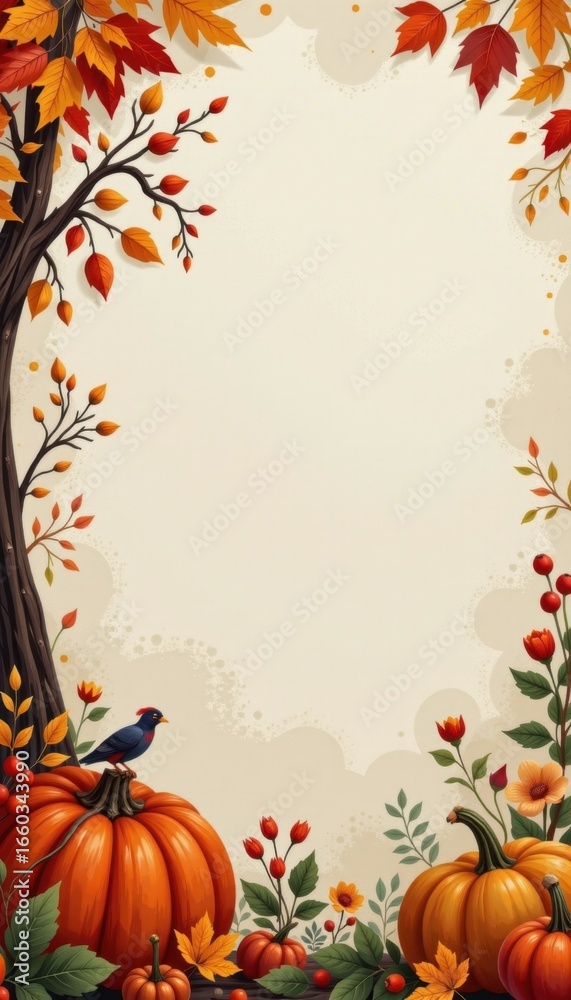 Naklejka premium Beautiful autumn scene with colorful fallen leaves on trees, vibrant pumpkins, blooming flowers, ripe berries, and a small bird on a branch in a cozy harvest setting
