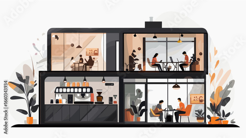 Modern co-working space buzzes with diverse professionals collaborating and working remotely