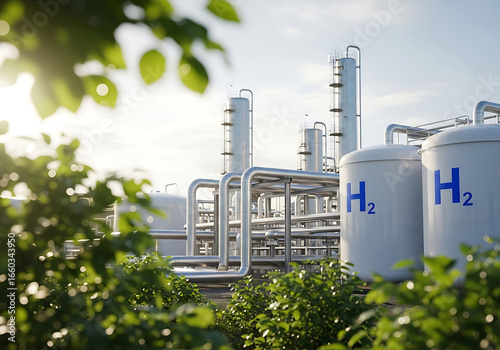 Hydrogen energy storage plant with industrial tanks and piping infrastructure near greenery