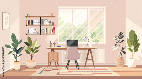 home office, workspace, natural light, desk, laptop, plants, interior design, modern, cozy, productive, calm, serene, minimalist, Scandinavian, decor, bookshelf, window, sunlight, natural, comfortable