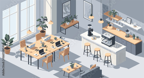 Modern co-working space with natural light, coffee bar, and comfortable seating for productive collaboration