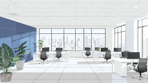 Bright modern office space with panoramic city views and natural light, fostering productivity