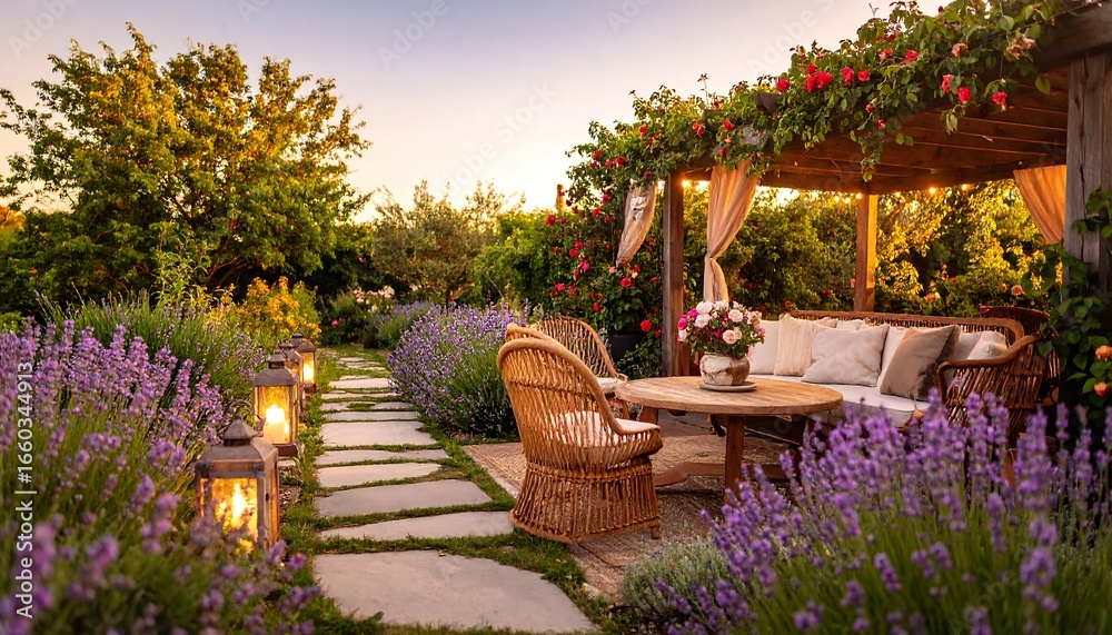 Fototapeta premium A serene garden patio setting, featuring a pergola, wicker furniture, and a pathway lined with lit lanterns, bathed in the warm glow of the evening sun.