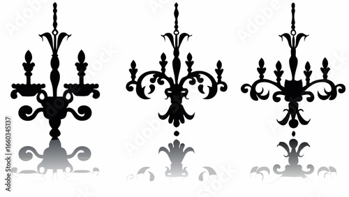 Three ornate chandeliers in black silhouette with reflections on a white background are displayed here | editable eps vectors