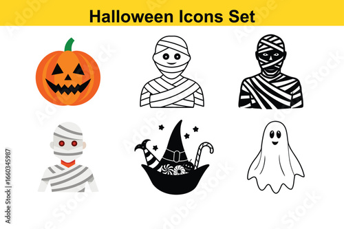 Halloween Icons Set with Jack-o- Lantern Mummy Witch Hat and Ghost jack-o-lantern pumpkin