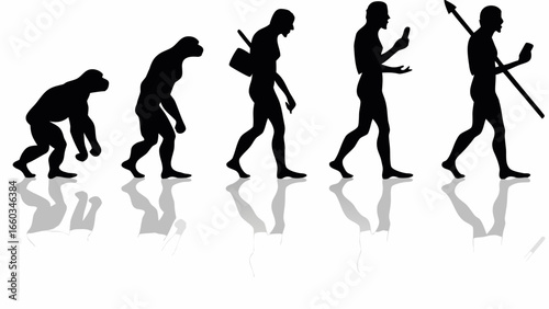Silhouette depiction of human evolution stages with tools and a modern smartphone showing progress | editable eps vectors