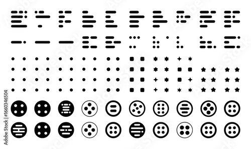 Collection of Geometric Icons and Symbols: Lines, Dots, Squares, Stars, and Buttons