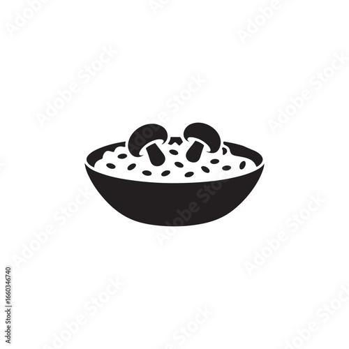 Simple black and white illustration of a bowl of mushroom rice.This is a vector graphic, likely for a cookbook, website, or restaurant menu.