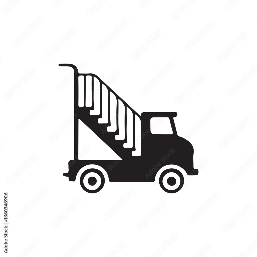 Fototapeta premium Simple black and white illustration of a truck with an exterior stairway.A side view of a simple, black and white silhouette of a truck with an exterior stairway.