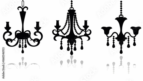 Three elegant chandeliers in silhouette with varying designs and reflections on a white background scene | editable eps vectors