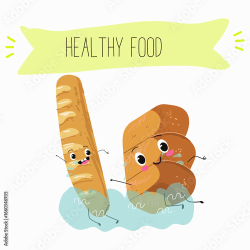 Baked food, french baguette, funny characters, hand drawn vector illustration.