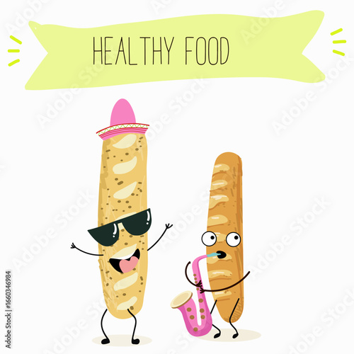 Baked food, french baguette, funny characters, hand drawn vector illustration.