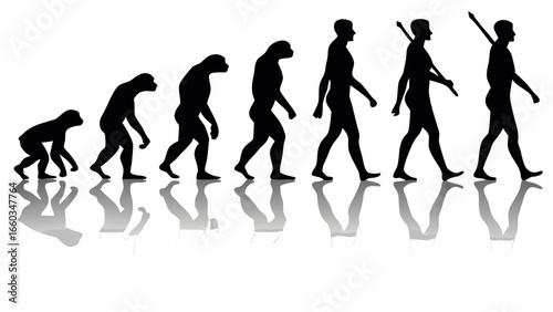 Silhouette depiction of human evolution stages from ape to modern man with spear and reflection effect | editable eps vectors