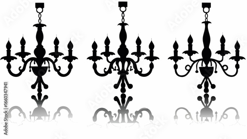 Three elegant chandeliers with multiple arms and candle style lights in black silhouette design style | editable eps vectors