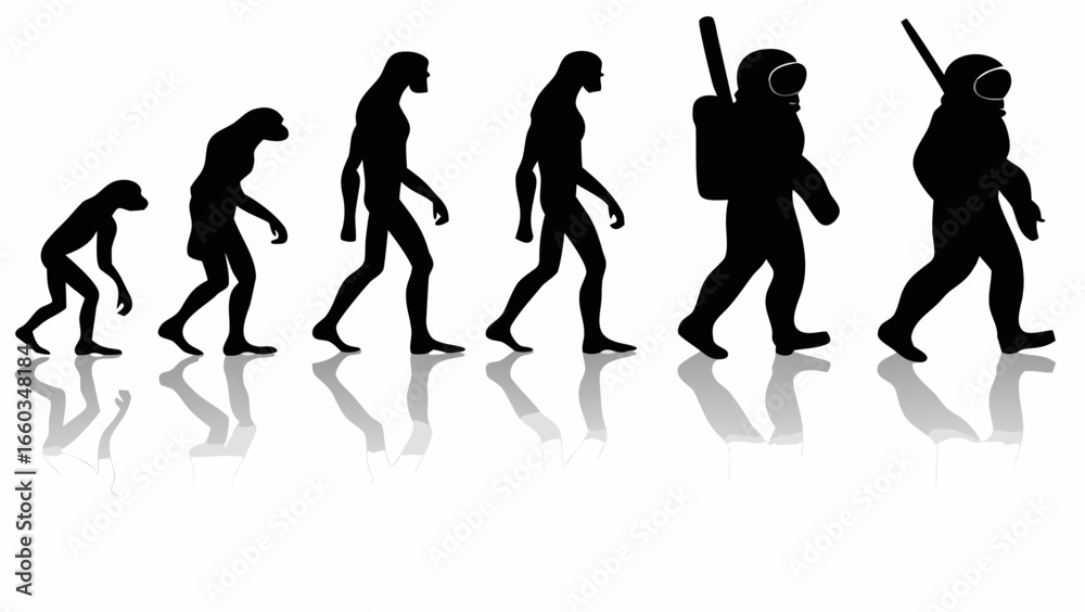 Fototapeta premium Silhouetted figures depicting human evolution from primate to astronaut with reflections below them | editable eps vectors