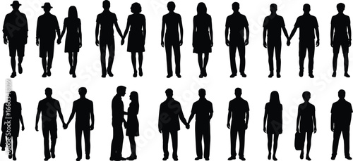 Silhouettes of diverse people pairs standing together in various poses, holding hands, side by side, friendship, unity, relationship concept illustration