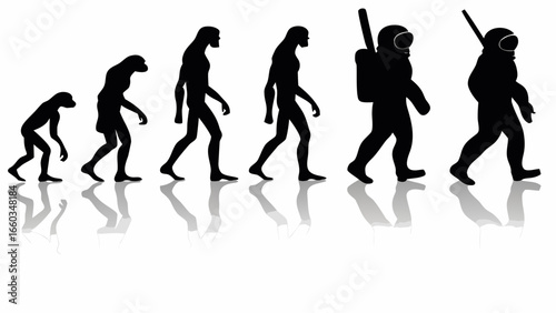Silhouetted figures depicting human evolution from primate to astronaut with reflections below them | editable eps vectors