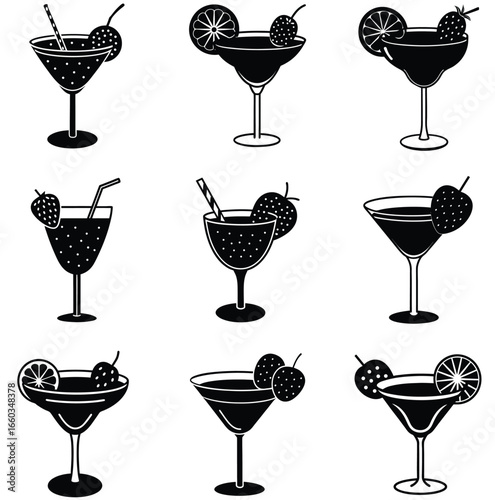 Frozen set cocktail strawberry margarita with black straw isolated on white background ..eps
