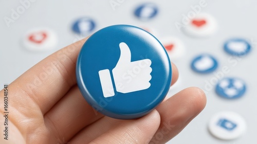 Hand holding circular blue button with white thumbs up icon, symbolizing approval or liking. Blurred background shows similar buttons with various icons, creating social media theme