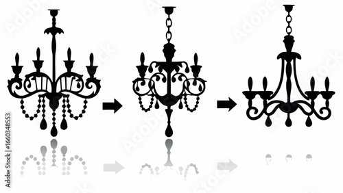 Three chandeliers in silhouette with arrows showing a progression of design and reflections below them | editable eps vectors