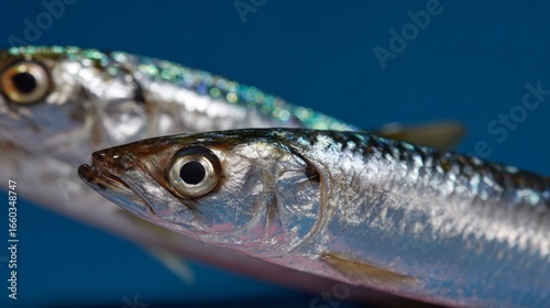 Close-up of whole live pacific saury fish in water with shiny scales.