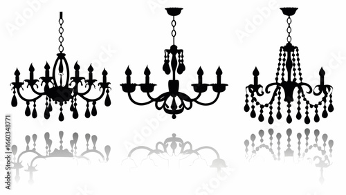 Silhouette illustration of three ornate chandeliers with candles and crystal pendants reflected below them | editable eps vectors