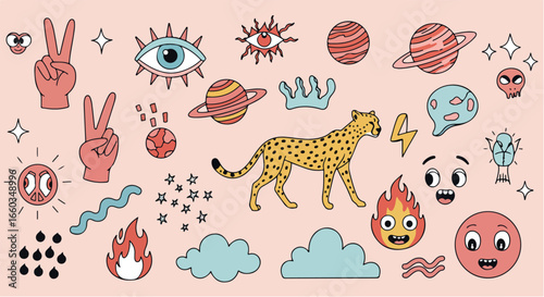 Cute aesthetic cosmic sticker set with pastel space icons, clouds, flames, and fun creatures, perfect for notebooks, journaling, and TikTok edits