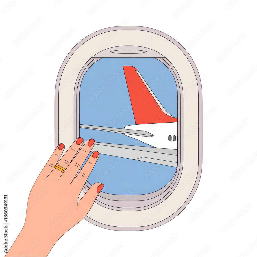 Obraz premium 3d rendered illustration of a hand touching an airplane window with a view of another airplane s tail fin isolated on transparent background
