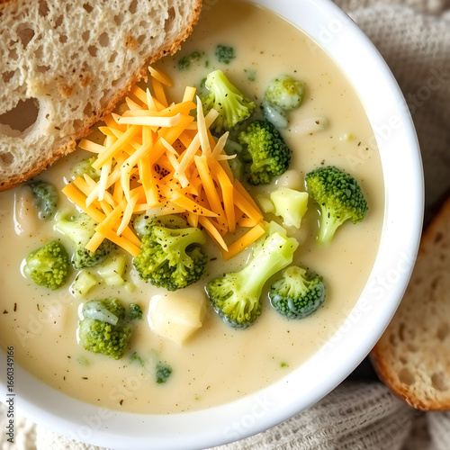 Hearty and creamy broccoli cheddar soup topped with shredded cheese and crusty bread