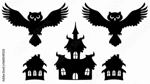Silhouette illustration of two owls flying above spooky haunted houses for halloween decoration theme | editable eps vectors