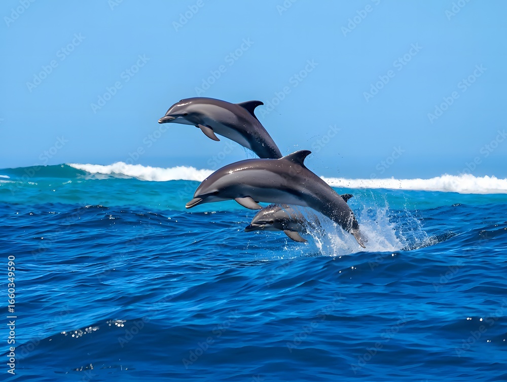 Fototapeta premium Three dolphins leaping and splashing in bright blue ocean water