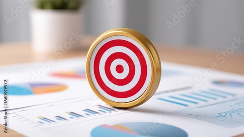 Gold button with red and white target icon is placed on business documents featuring charts and graphs, symbolizing focus and goal achievement in professional setting