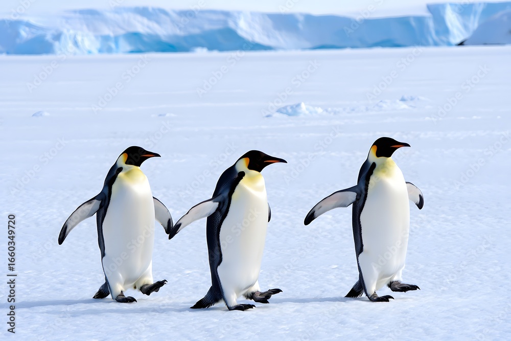 Fototapeta premium Three Emperor penguins walking on ice wildlife Antarctica