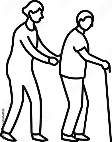 Caregiver helping elderly person walk line art silhouette isolated on white background