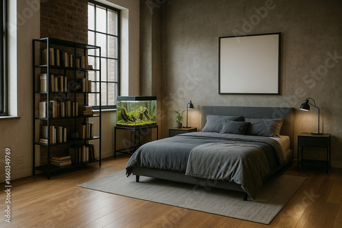 Interior of Bedroom with Bookshelf and Aquascape, Industrial modern Style