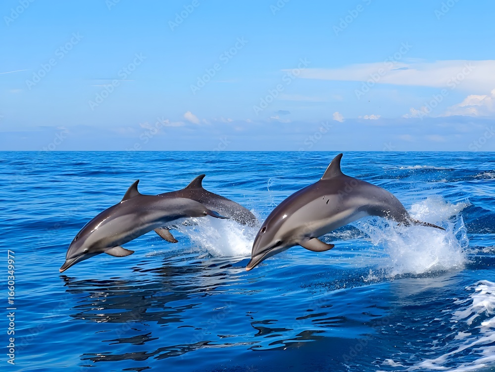 Naklejka premium Two Dolphins Leaping from Blue Ocean Water jumping