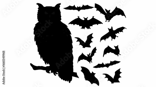Silhouette of an owl perched on a branch with multiple bats flying around it in a dark monochrome style | editable eps vectors