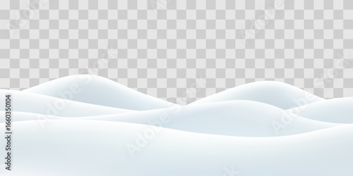 Snowdrifts isolated on png background. Snow landscape decoration, frozen hills. Empty snowbanks field. Christmas vector illustration. Transparent background.