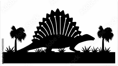 Silhouette of a dimetrodon dinosaur with sail on its back standing near trees and grass illustration | editable eps vectors