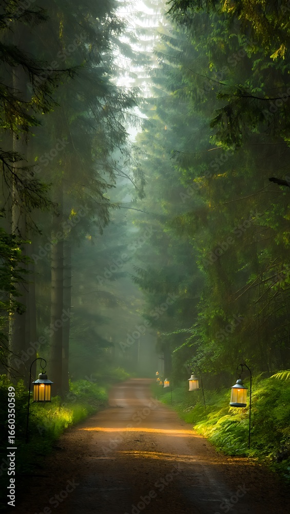 Obraz premium Mystical Forest Path Illuminated by Lanterns a Journey Through Enchanted Woods Nature Photography