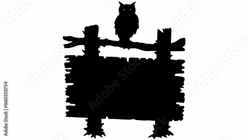Silhouette of an owl perched atop a wooden sign with a rustic and weathered appearance in monochrome theme | editable eps vectors