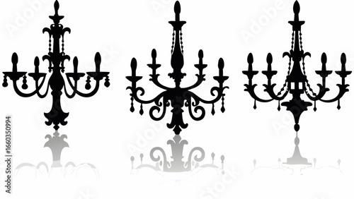 Three ornate chandeliers in black silhouette casting shadows on a white background creating elegance | editable eps vectors