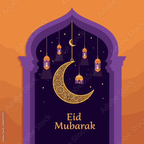 Beautiful crescent moon and lanterns adorn the night sky for a festive eid celebration