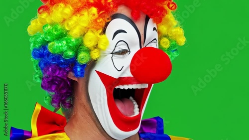 Vibrant Clown with Rainbow Wig and Big Red Nose Laughing on Green Screen Background