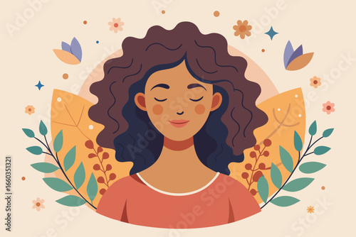 Embrace inner peace and tranquility with this serene portrait of a woman surrounded by gentle botanical elements and soft, warm colors, perfect for wellness and self-care themes.