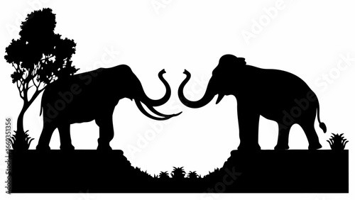 Silhouette of two elephants facing each other with a tree and grass in a black and white design style | editable eps vectors